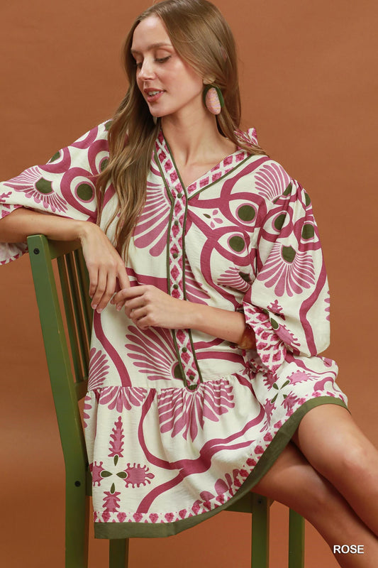 Abstract Print Button Front Babydoll Dress