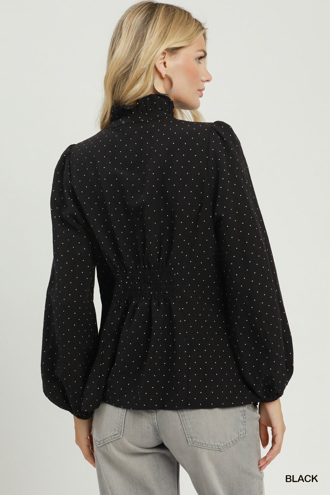 Dot Ruffled Collar Long Sleeve Blouse