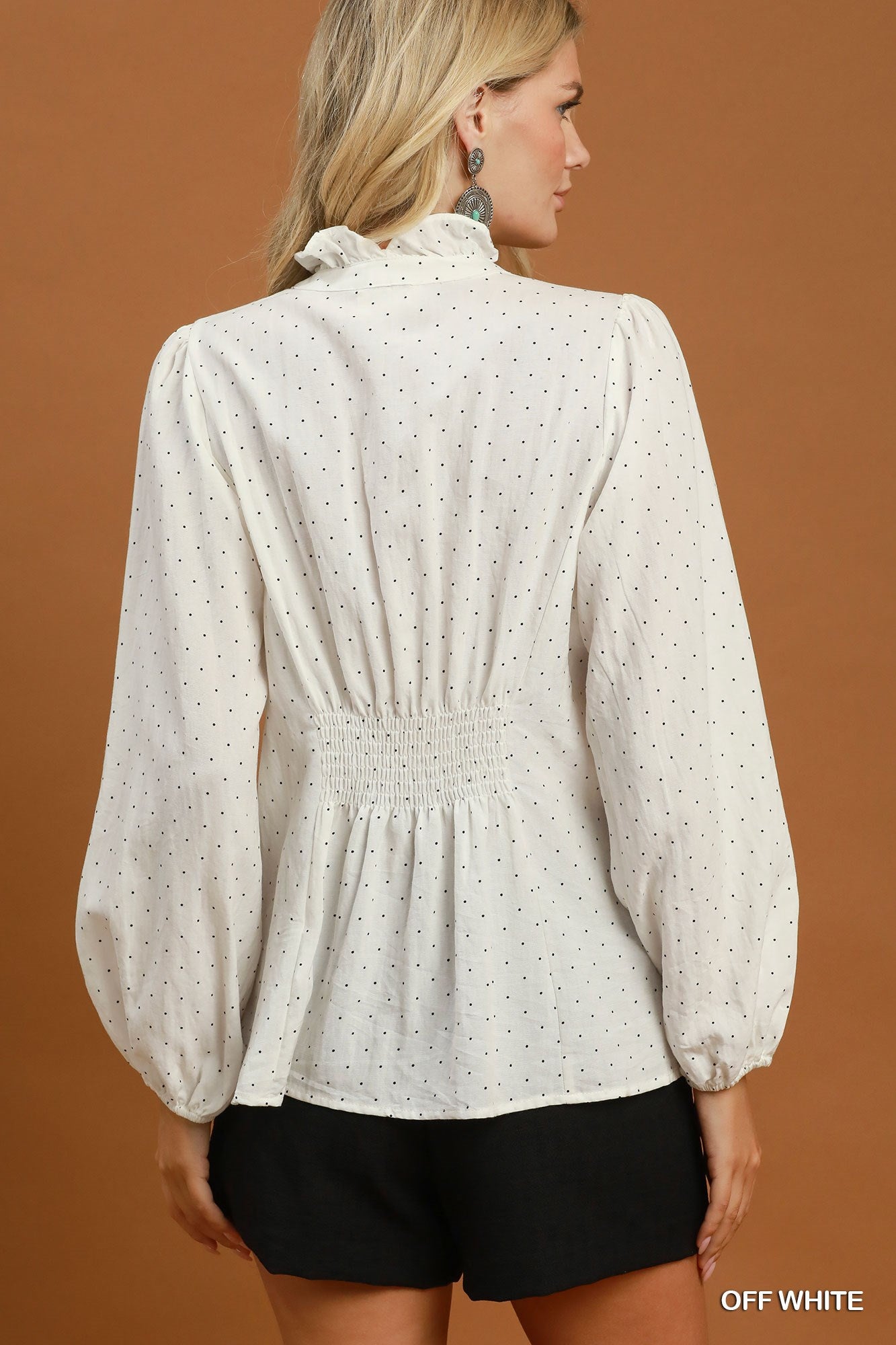 Dot Ruffled Collar Long Sleeve Blouse