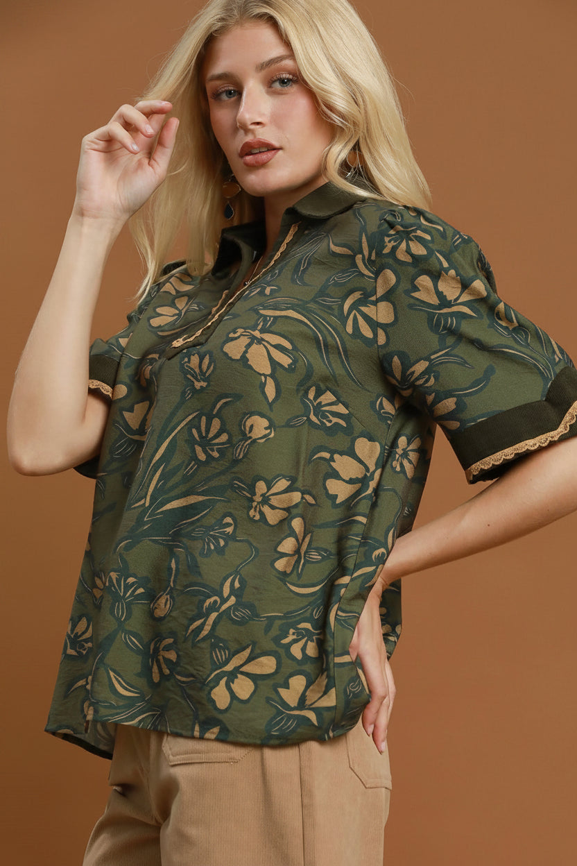 Floral Print Collared Top