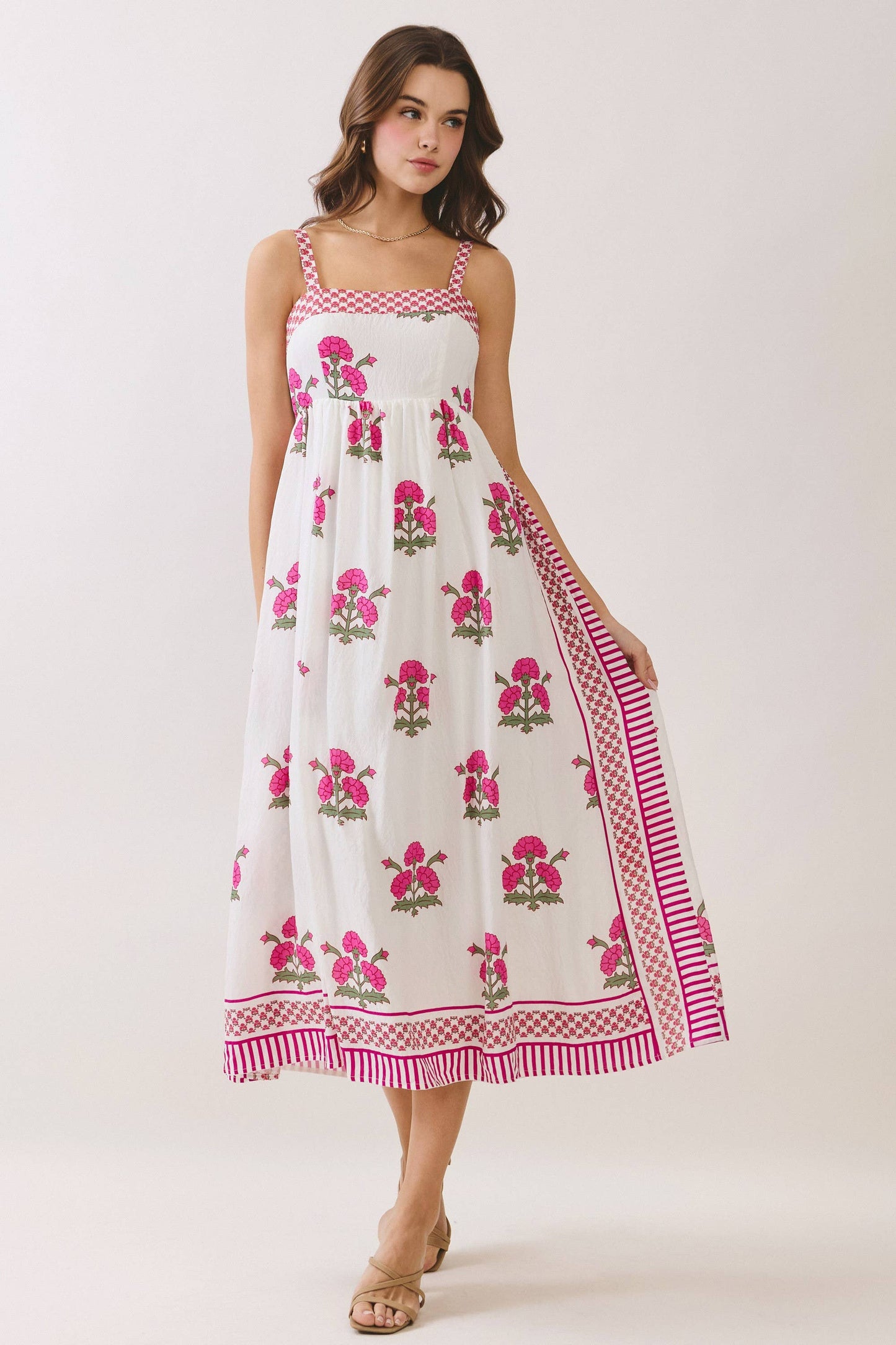 Floral Print Contrast Detail Square Neck Midi Dress