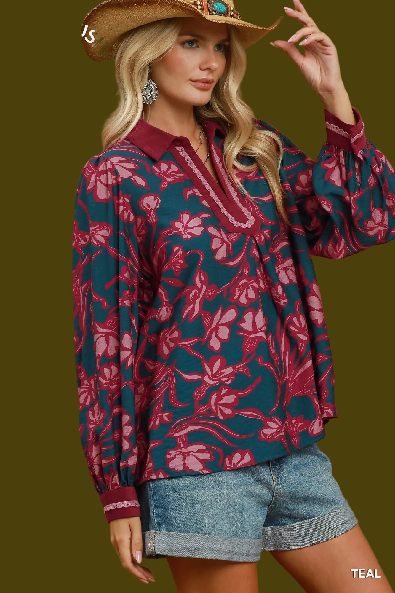 Floral Print Lace Trim Split Neck Blouse