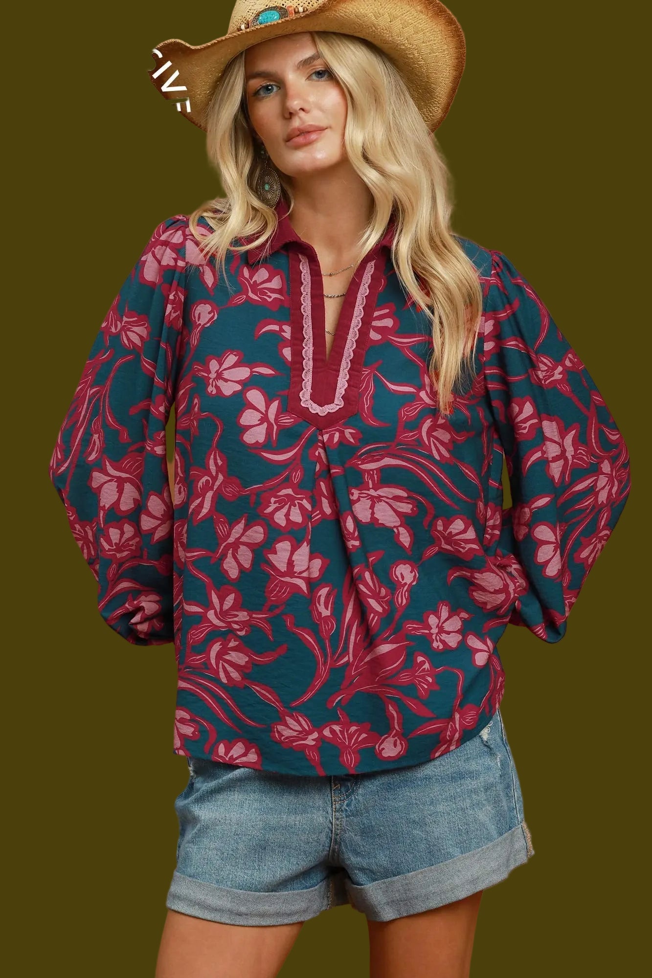 Floral Print Lace Trim Split Neck Blouse