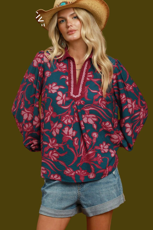 Floral Print Lace Trim Split Neck Blouse