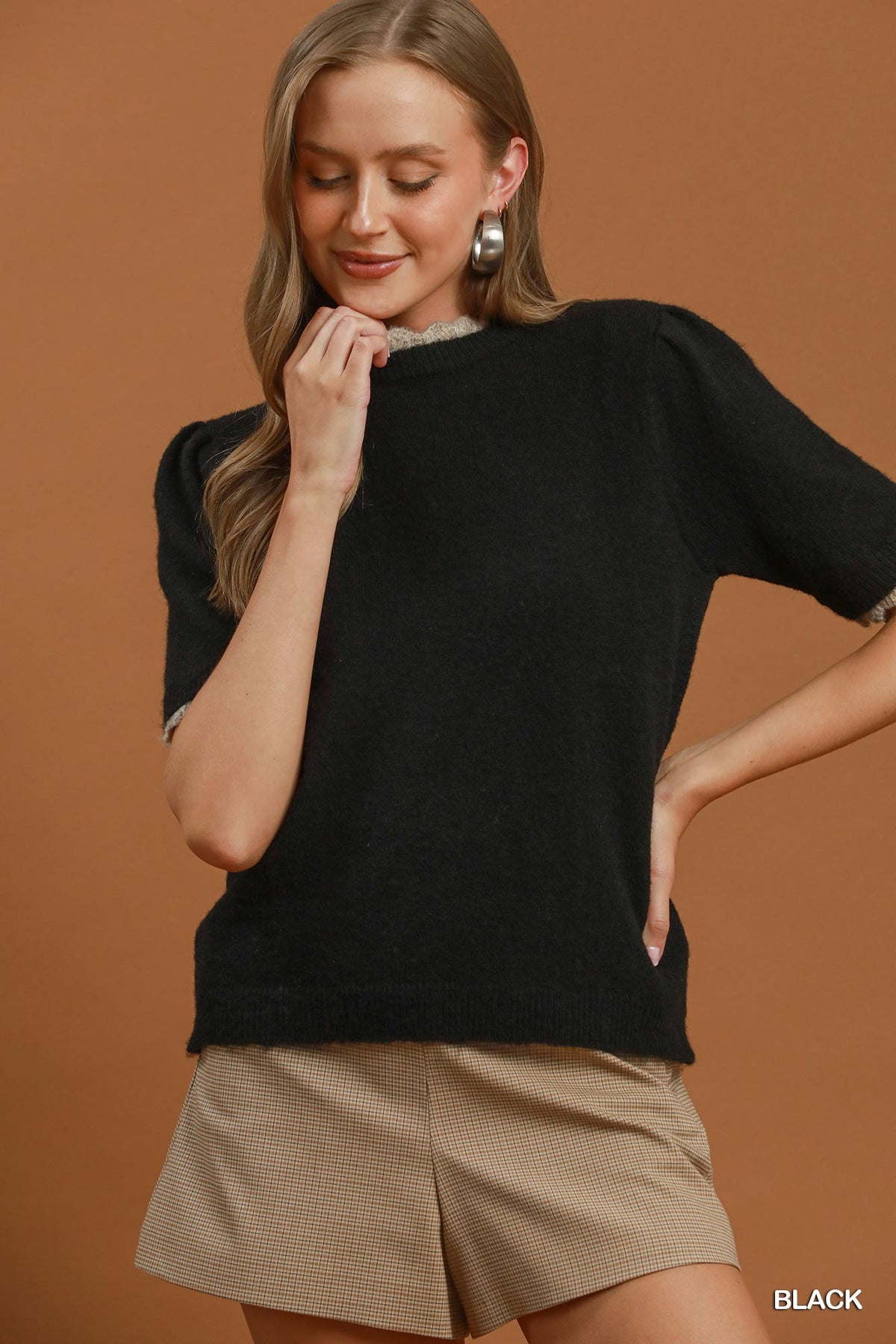 Scallop Trim Puff Sleeve Knit Sweater