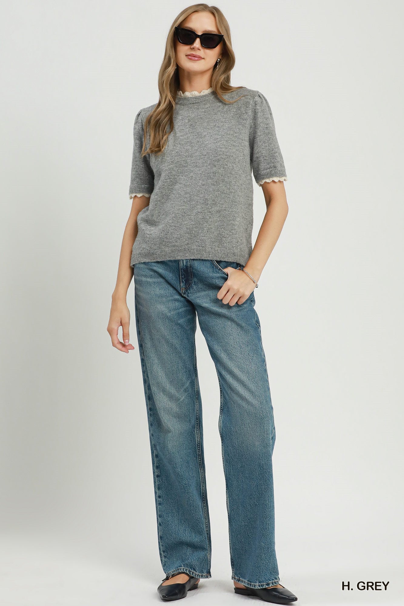 Scallop Trim Puff Sleeve Knit Sweater