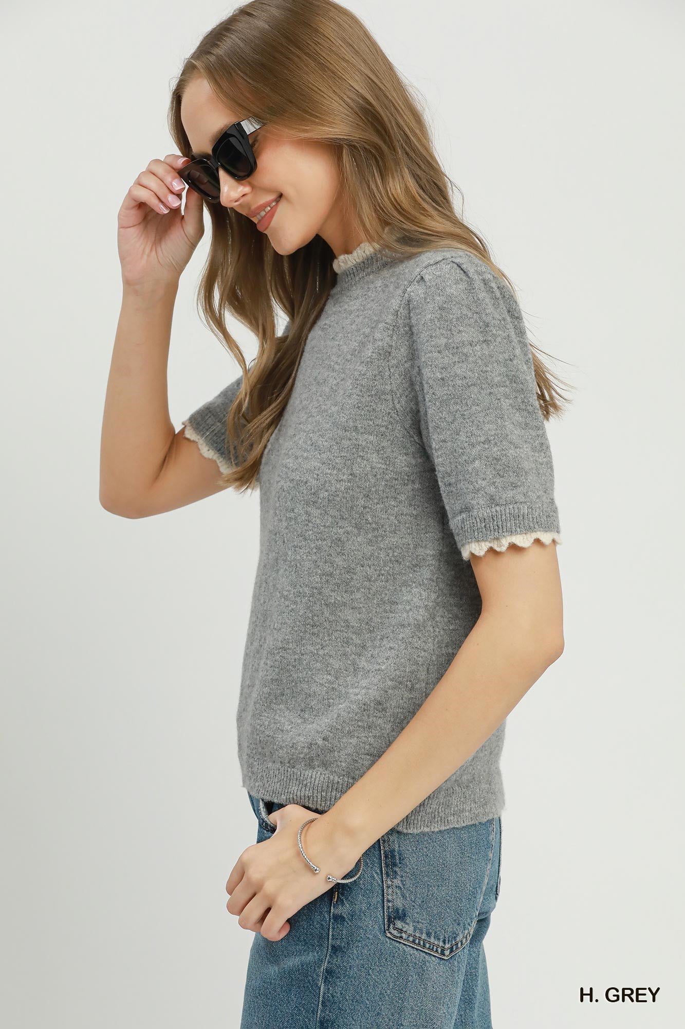 Scallop Trim Puff Sleeve Knit Sweater