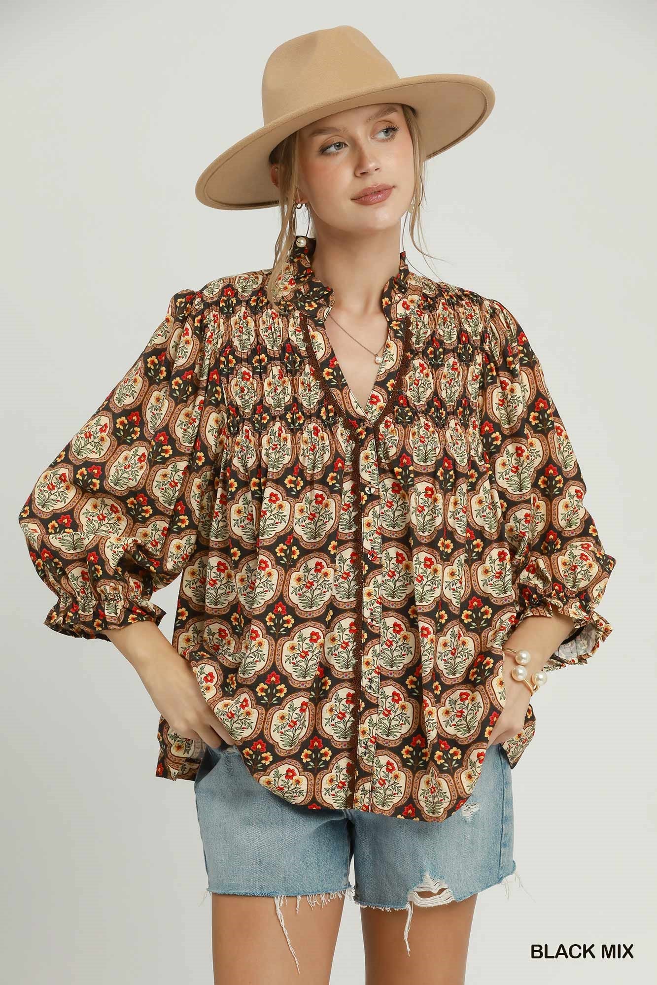 Boho Floral Medallion Print Split Neck Blouse
