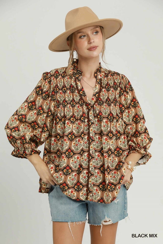 Boho Floral Medallion Print Split Neck Blouse