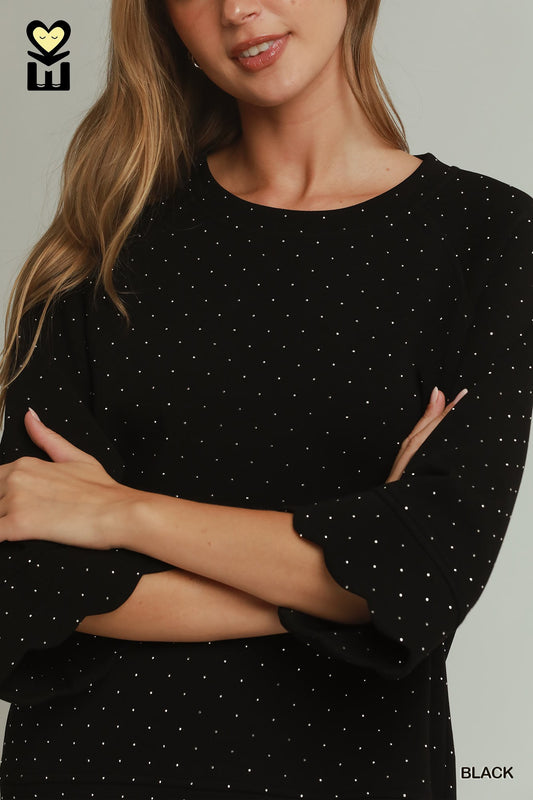Bling Beaded Scallop Sleeve Top
