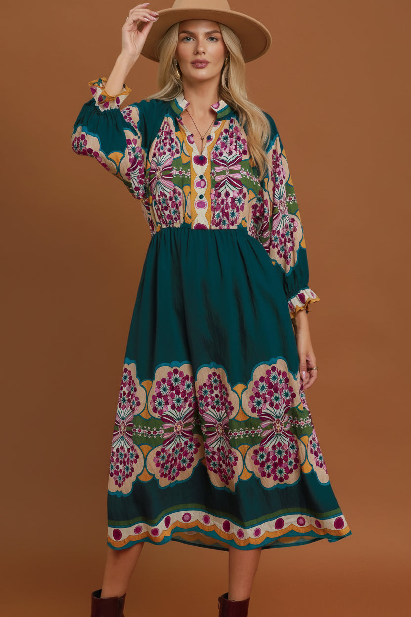 Boho Floral Border Print Midi Dress