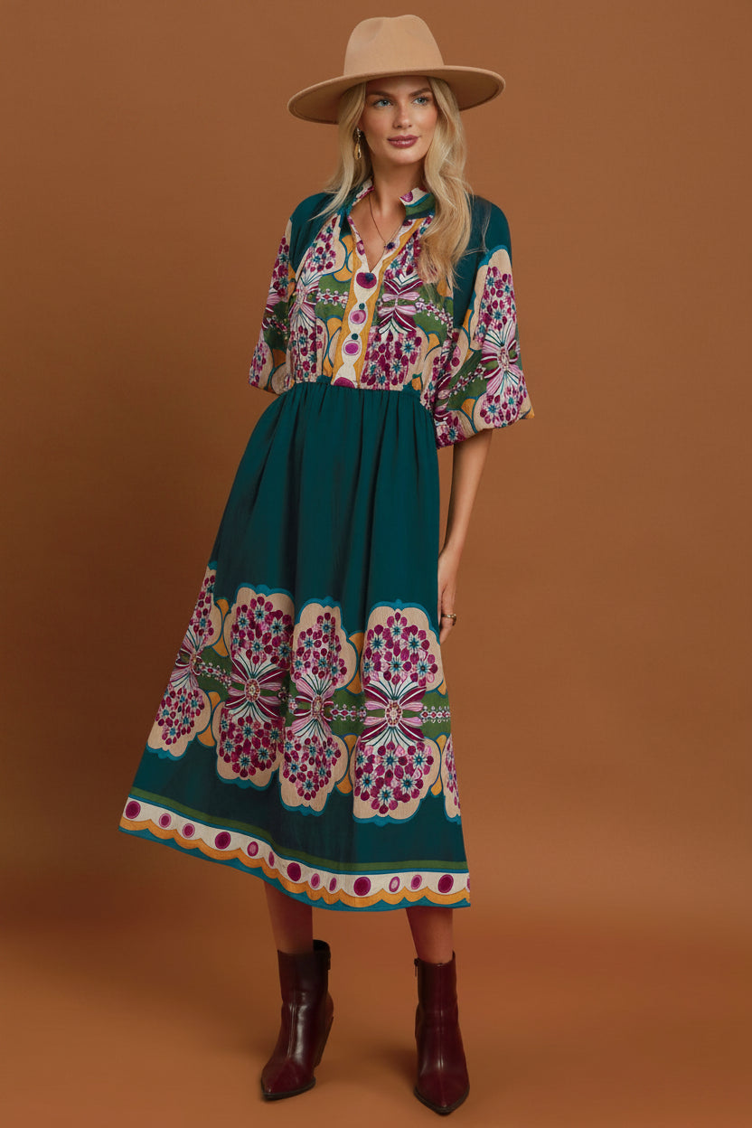 Boho Floral Border Print Midi Dress