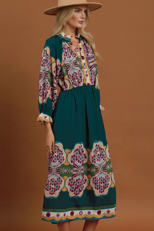 Boho Floral Border Print Midi Dress