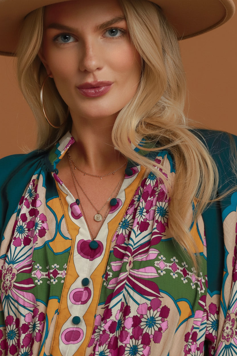 Boho Floral Border Print Midi Dress