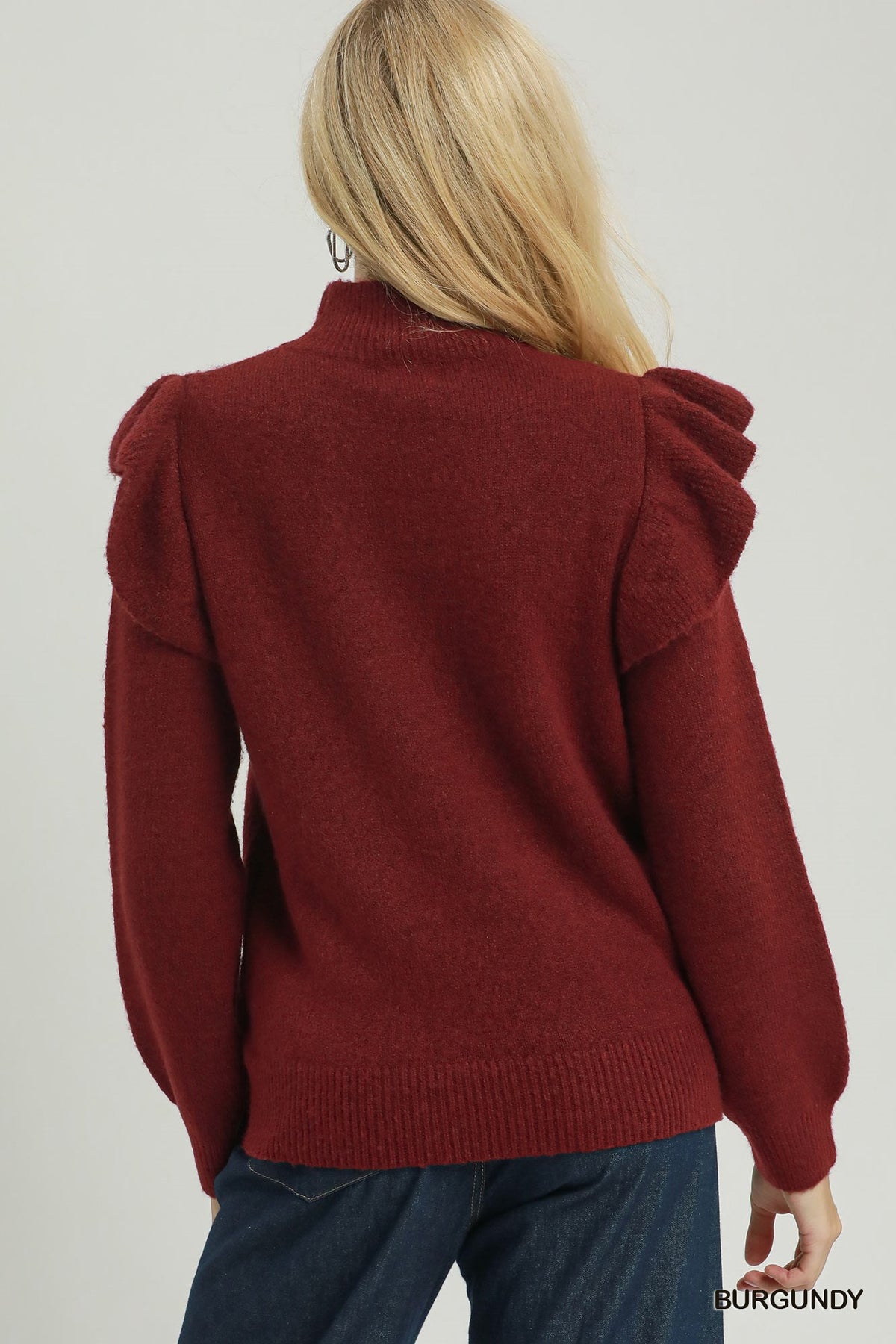 Ruffle Shoulder Mock Neck Sweater