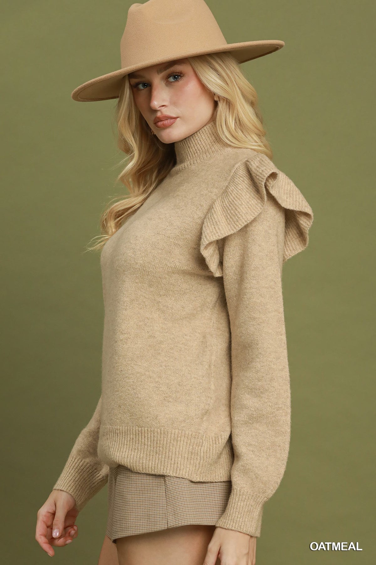 Ruffle Shoulder Mock Neck Sweater