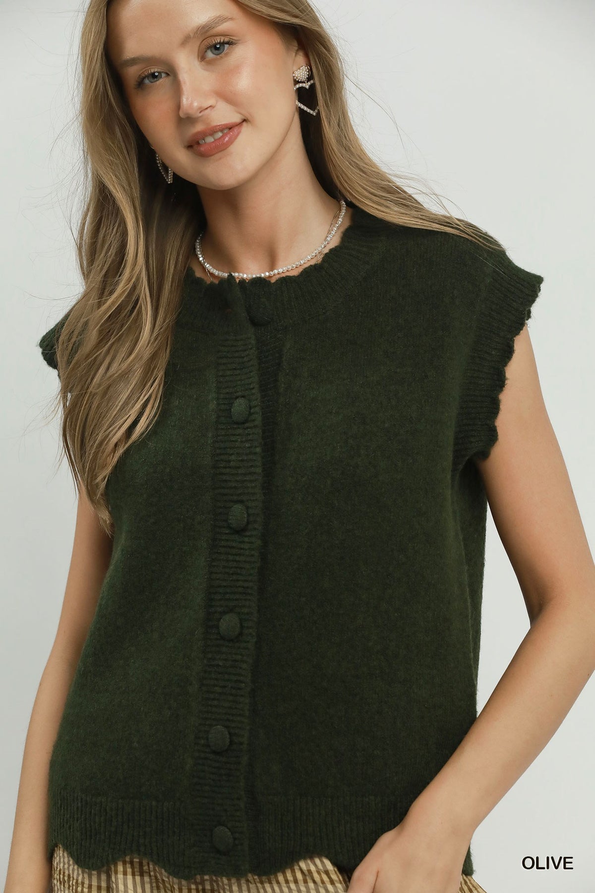 Button Front Scalloped Knit Sweater Vest