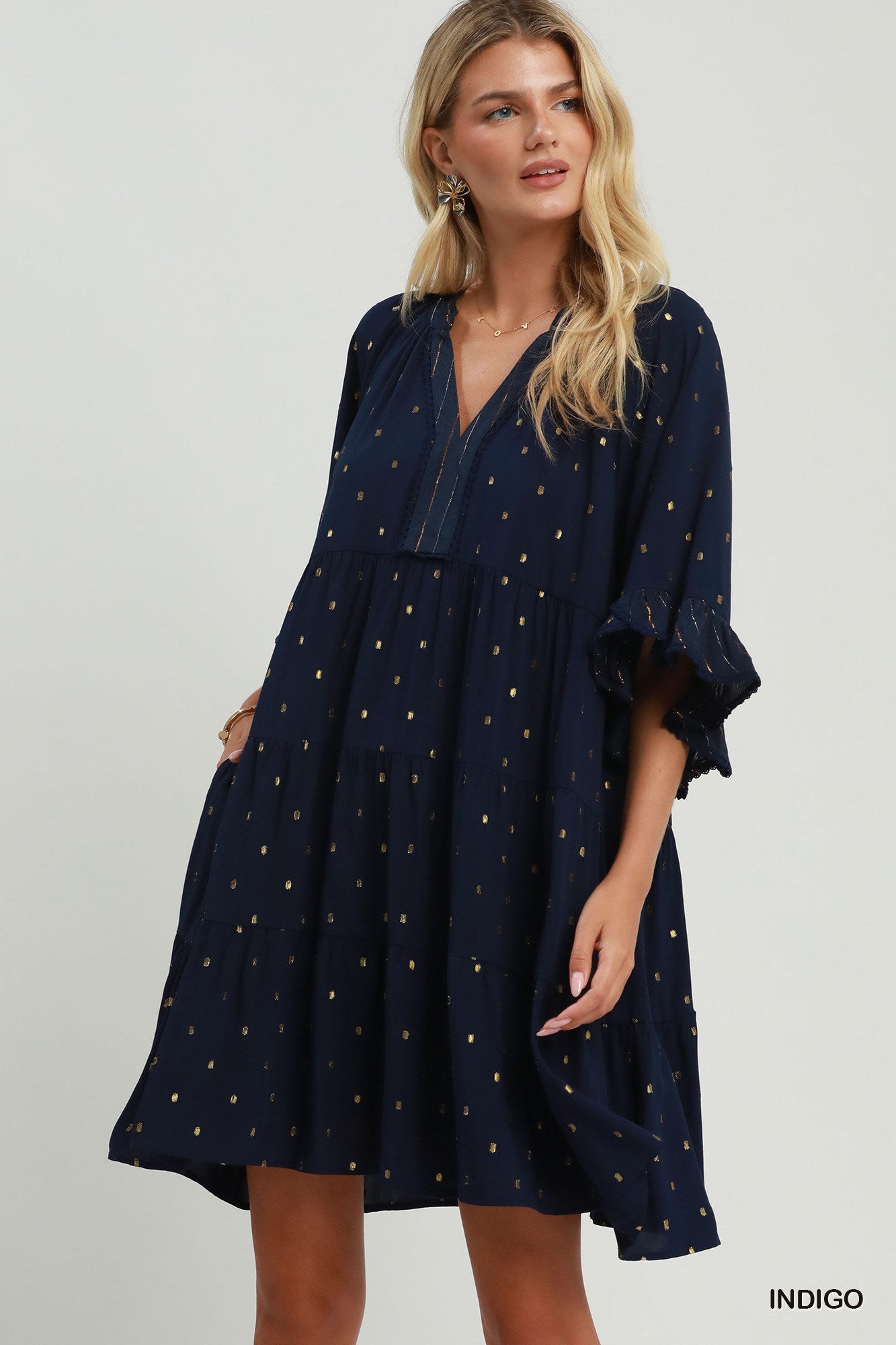 Metallic Dot Tiered Ruffle Sleeve Dress
