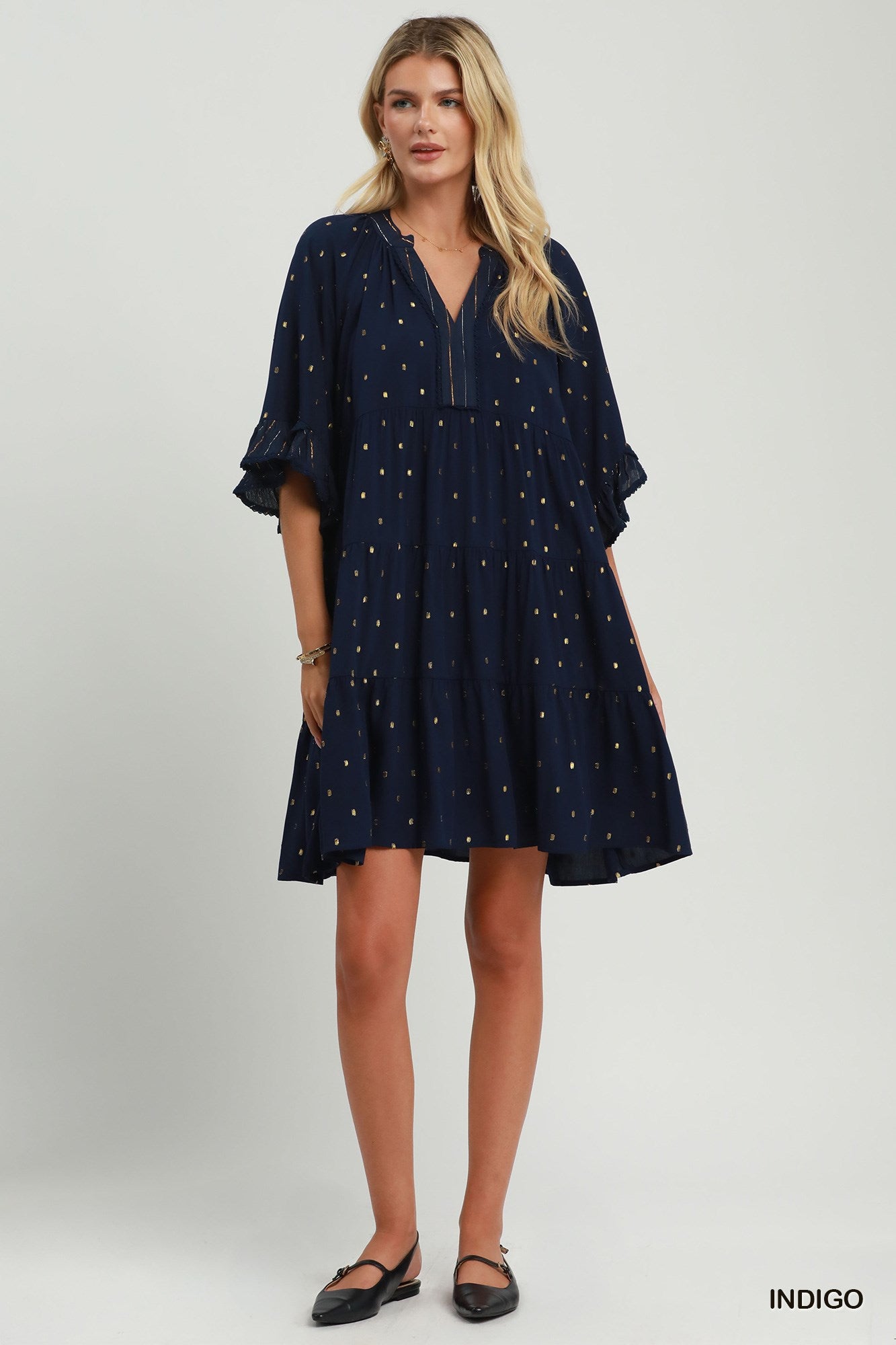 Metallic Dot Tiered Ruffle Sleeve Dress