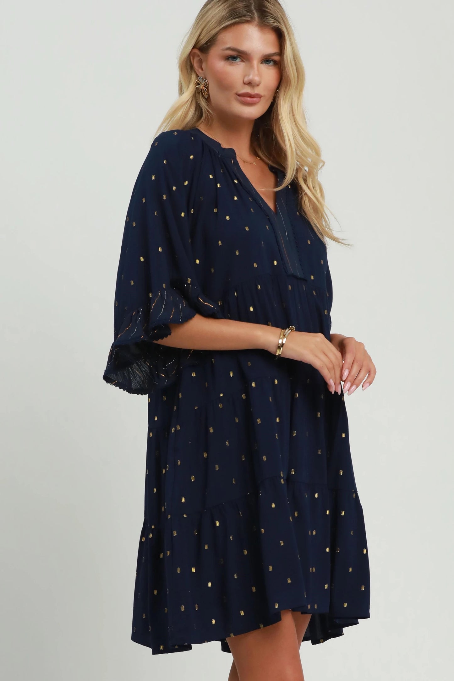 Metallic Dot Tiered Ruffle Sleeve Dress