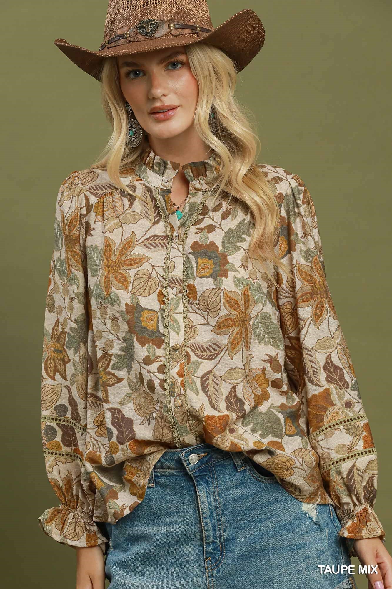 Floral Ruffle Neck Button Down Blouse