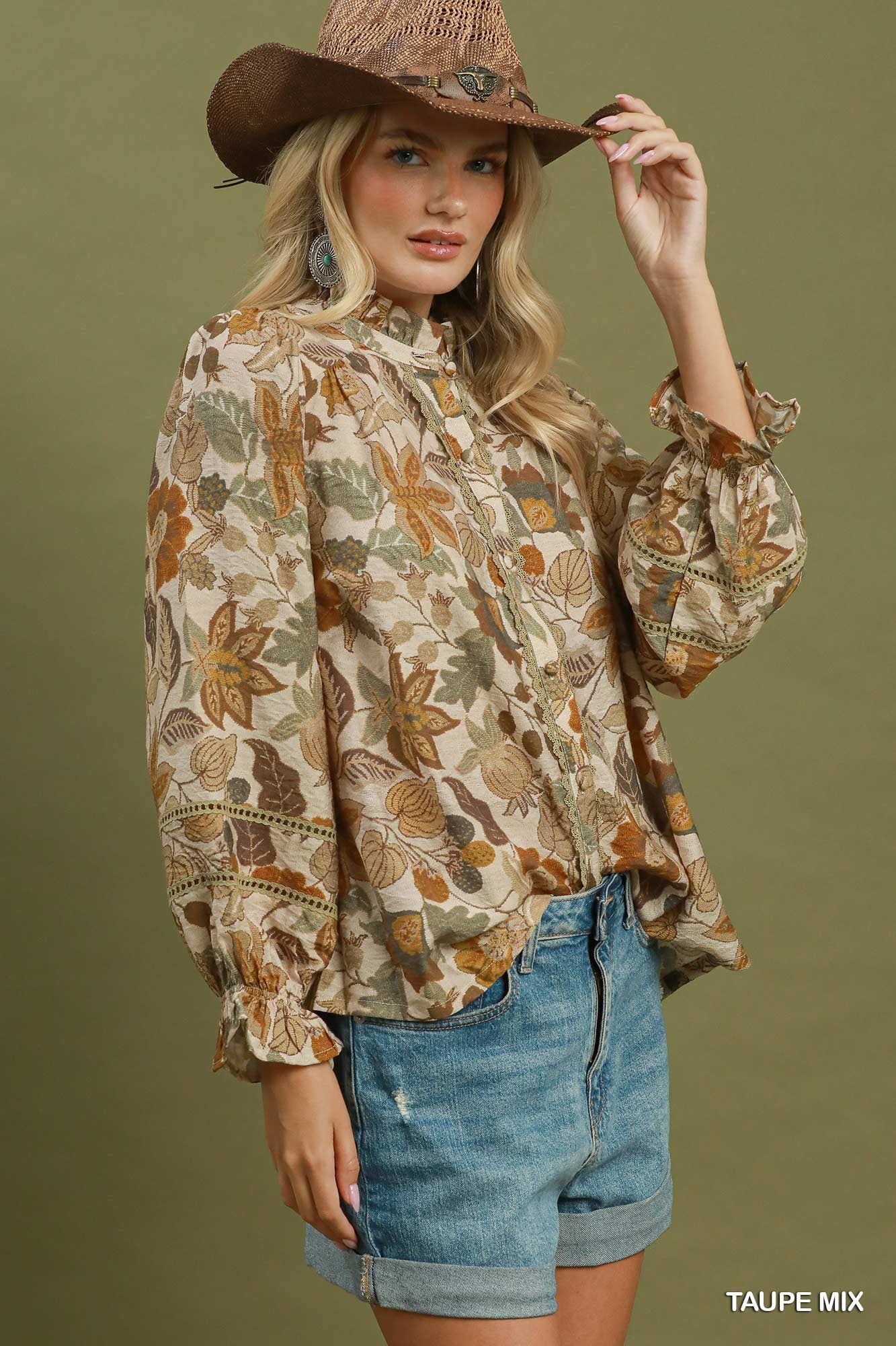 Floral Ruffle Neck Button Down Blouse
