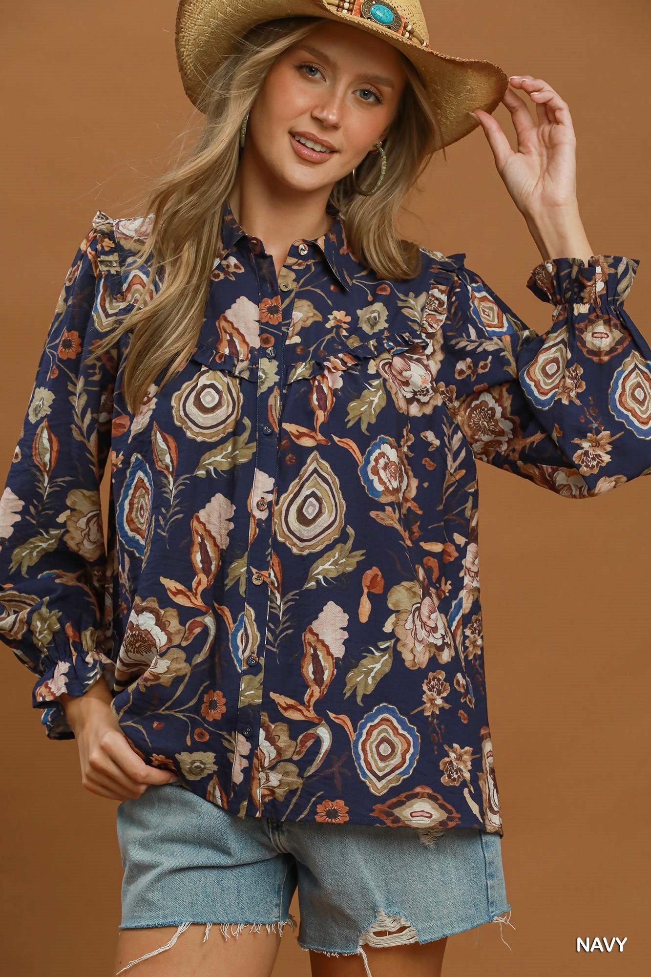 Boho Floral Ruffle Button Down Blouse