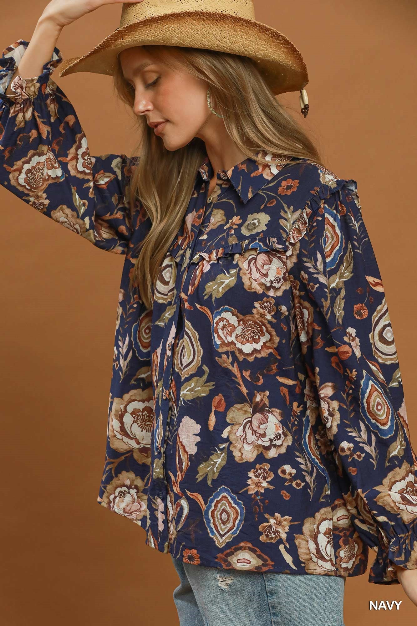 Boho Floral Ruffle Button Down Blouse