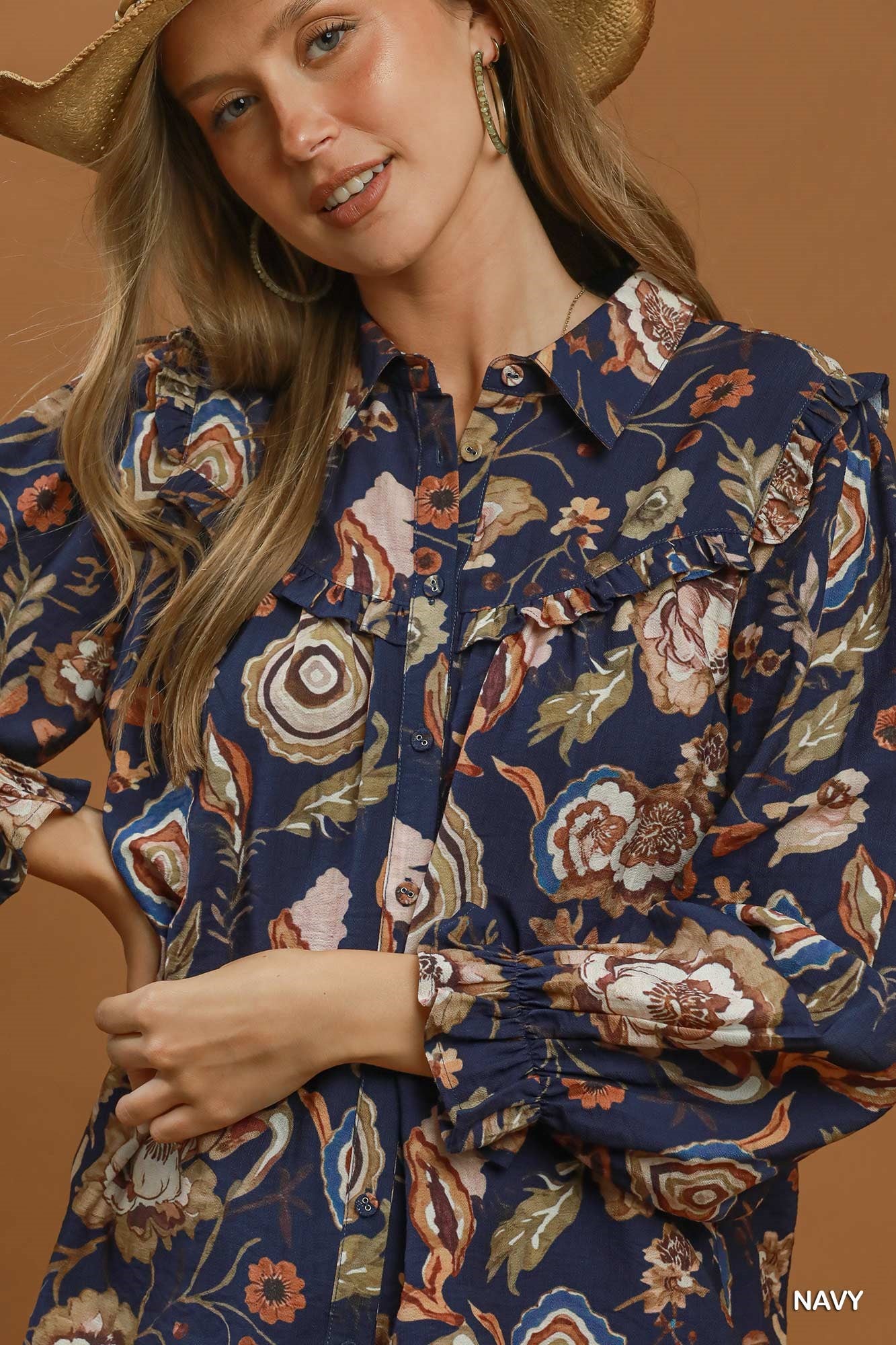 Boho Floral Ruffle Button Down Blouse