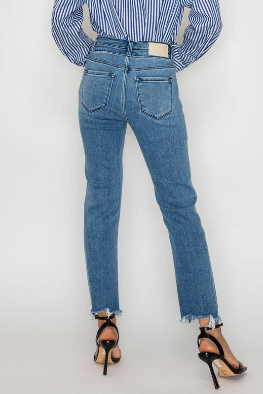 High Rise Double Waistband Straight Raw Hem Jean