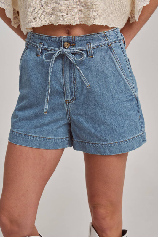 HIGH RISE DENIM SHORTS WITH STRAP TIE AT THE WAISTBAND