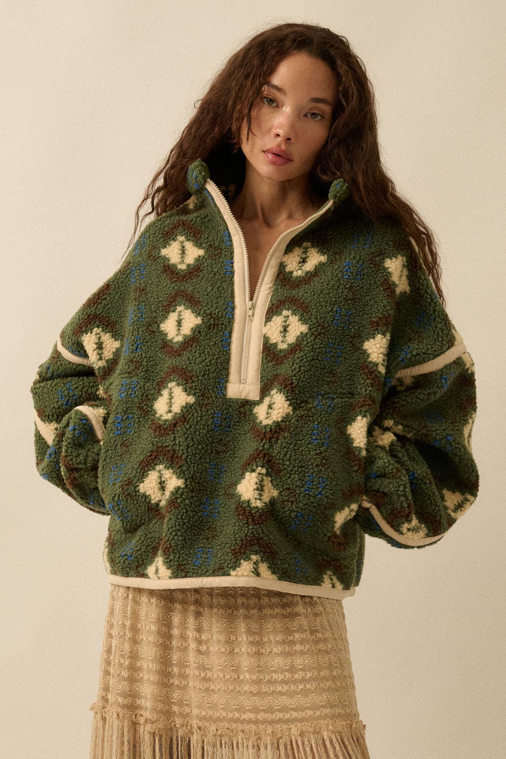 Geo-Print Sherpa Fleece Half-Zip Pullover Jacket