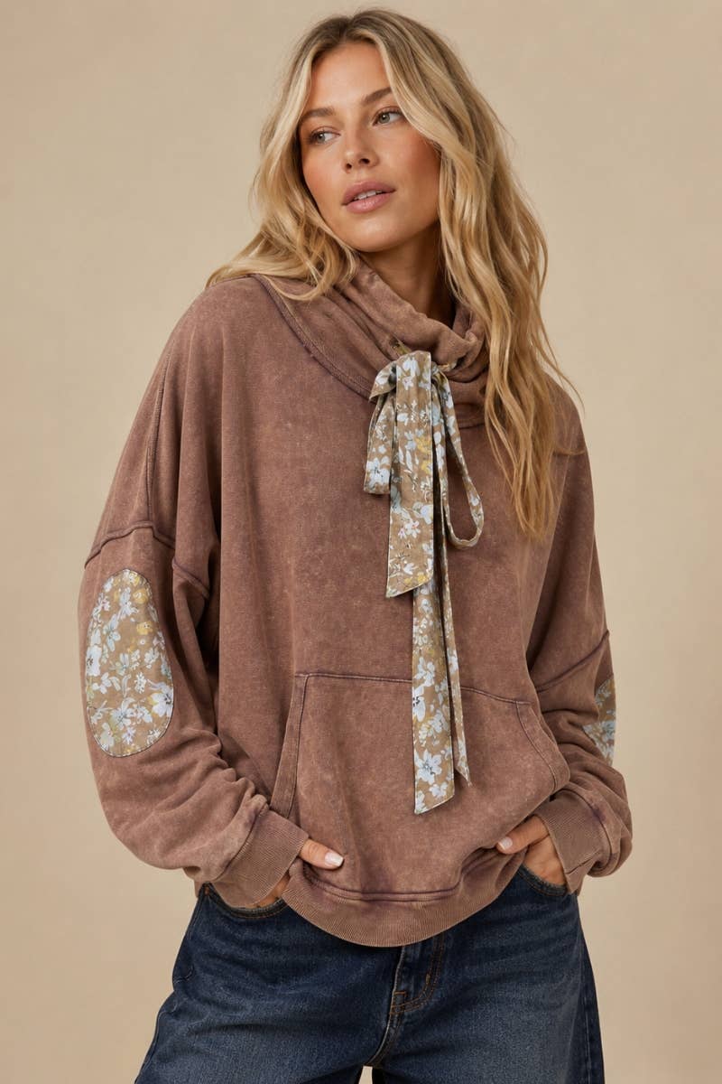 Floral Patch Loose Cowl Neck French Terry Top