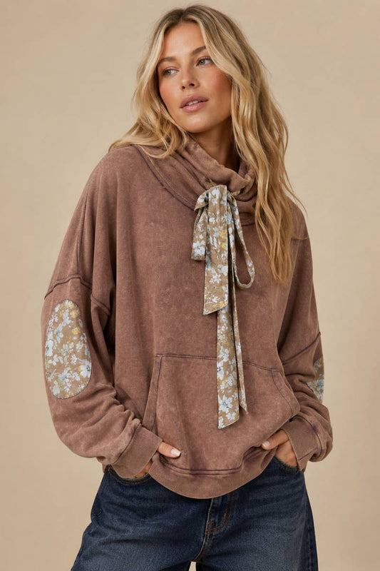Floral Patch Loose Cowl Neck French Terry Top
