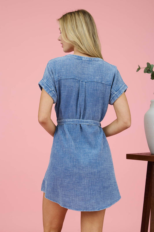 WASHED HALF BUTTON WAIST TIE MINI DRESS