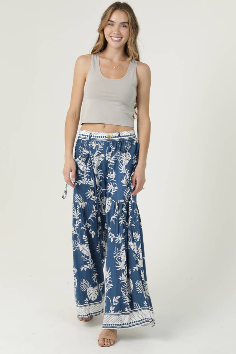 WIDE LEG PRINTED PANTS WITH BUTTON WAIST AND SIDE