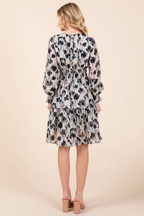 Floral Print Long Sleeve Cinched Waist Tiered Dress