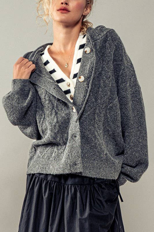 Knit Hooded Button-down Cardigan