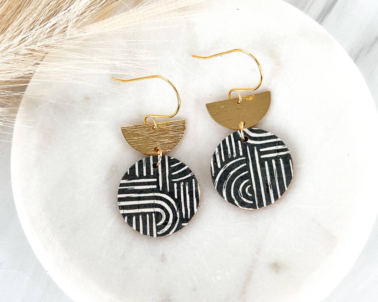 Black and White Geometric Circle with Semi Circle Earrings