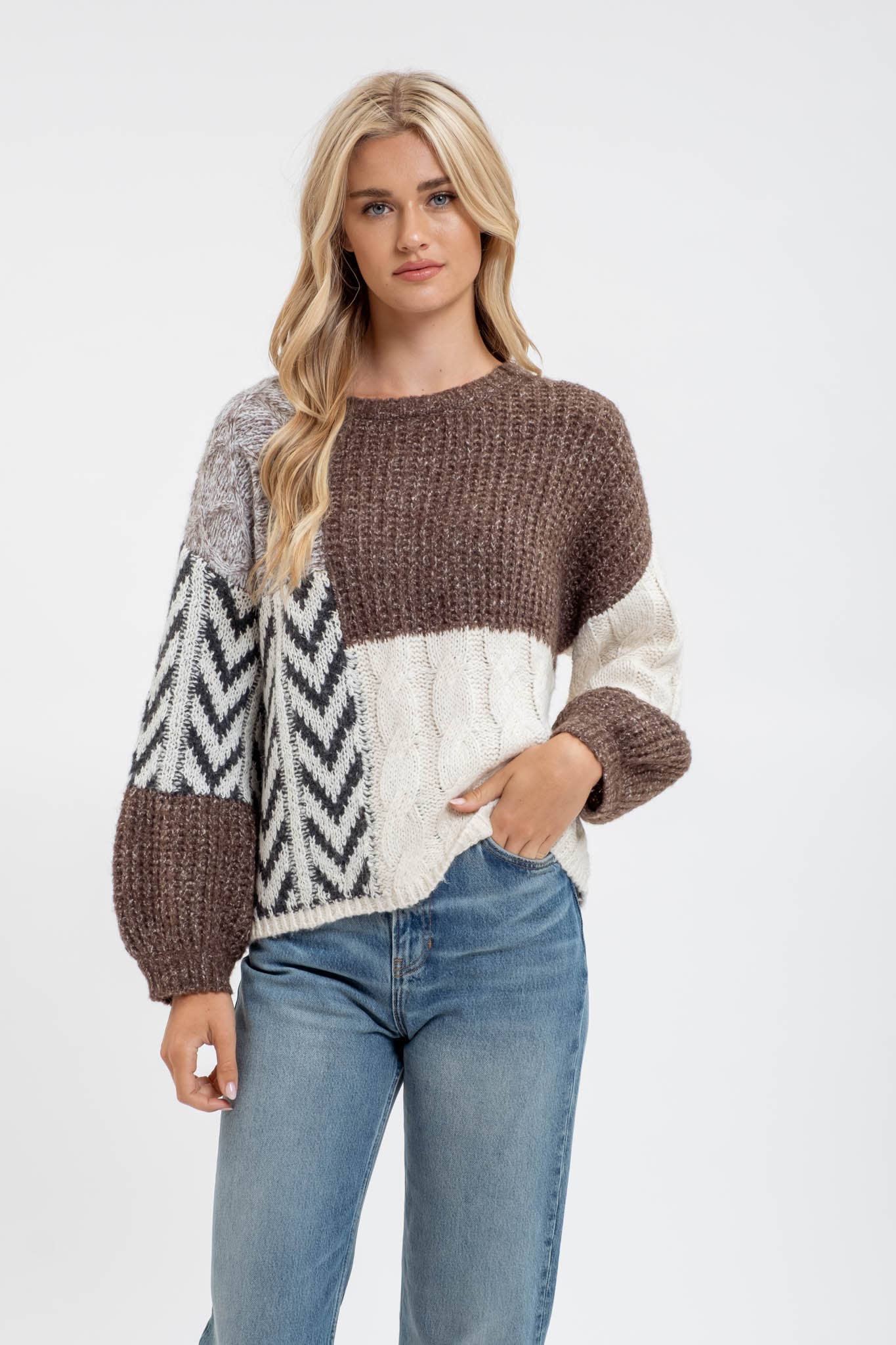 COLORBLOCK CHEVRON CABLE KNIT SWEATER