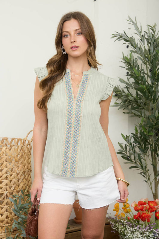 EMBROIDERED FRONT SPLIT NECK PLISSE TOP