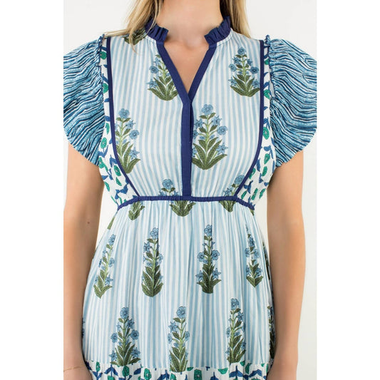 Striped Flutter Sleeve Floral Maxi Dress