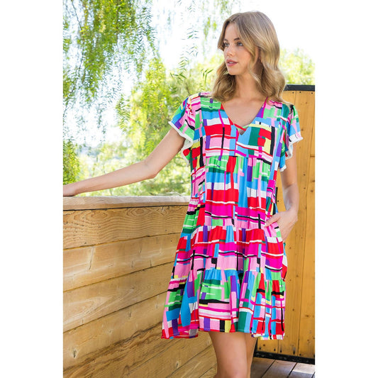 Multi Color Pattern Flutter Sleeve Dress