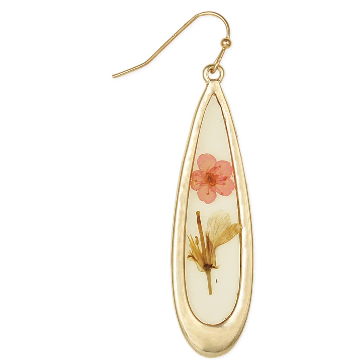 Pink Dried Flower Long Teardrop Gold Earrings