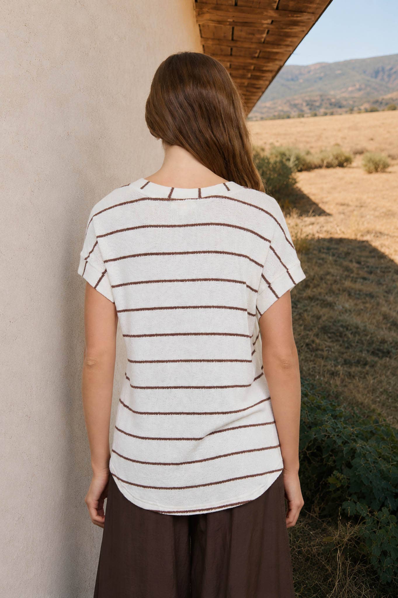 STRIPE V NECK CUFFED SLEEVE KNIT TOP