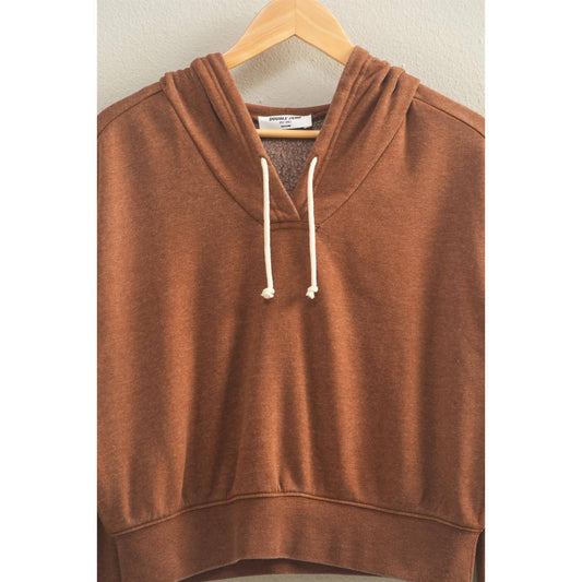 V-Neck Drawstring Detail Long Sleeve Crop Hoodie