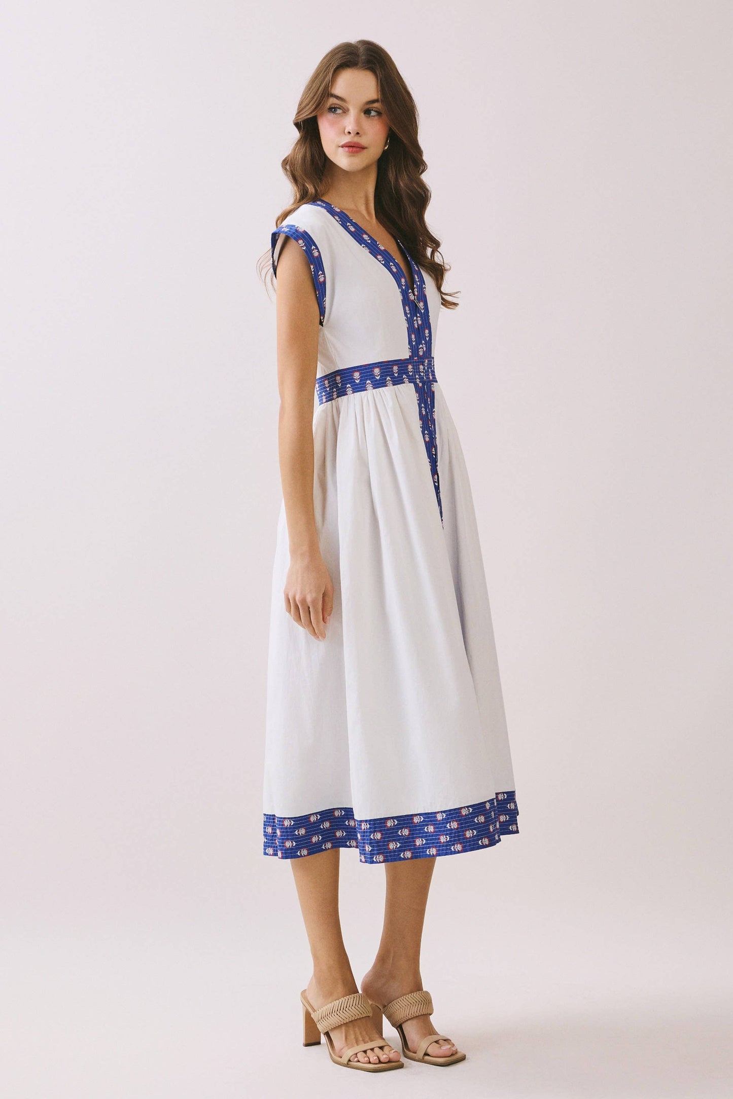Contrast Quilted Printed Trim Detail V Neck Midi Dress