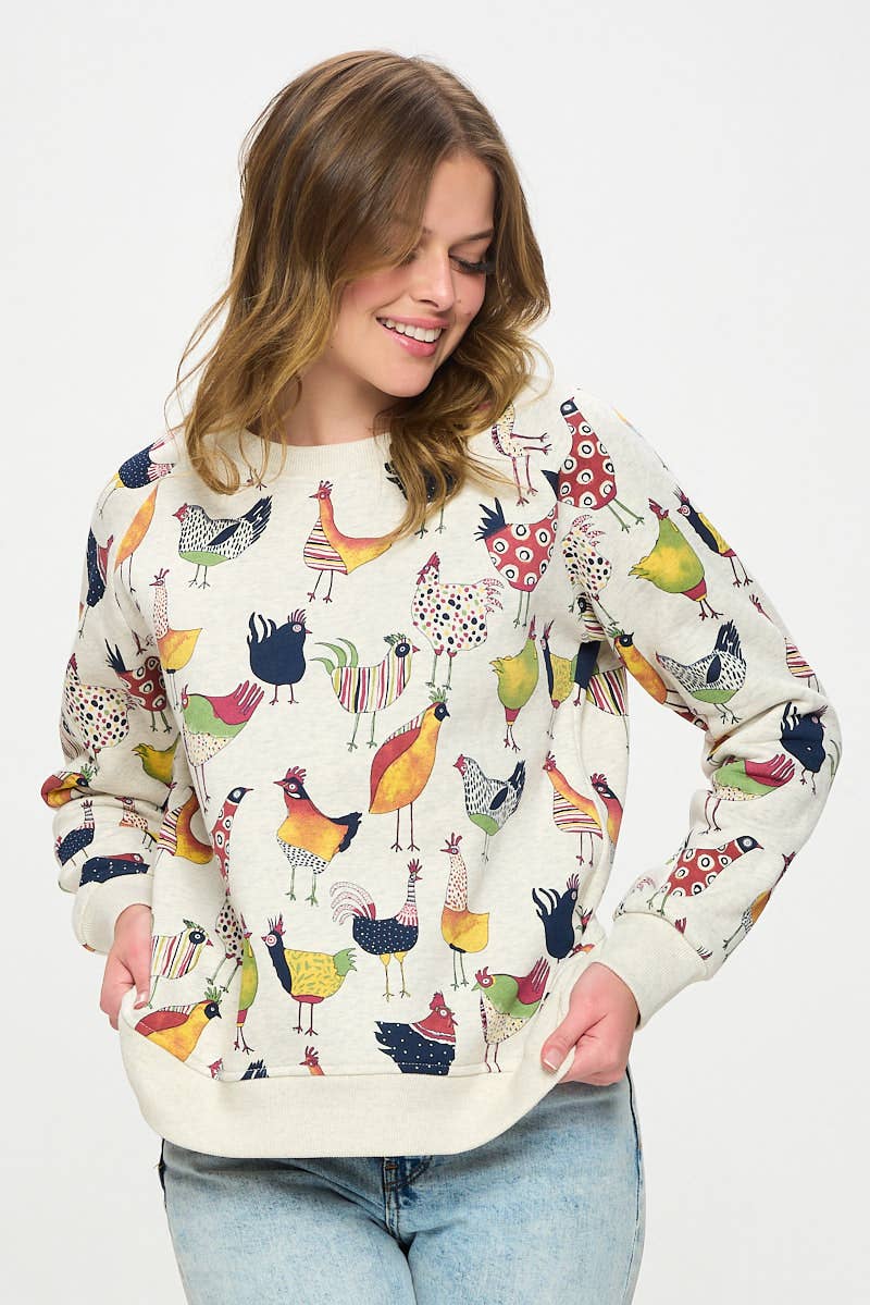 COLORFUL ROOSTER PRINT SWEATSHIRT