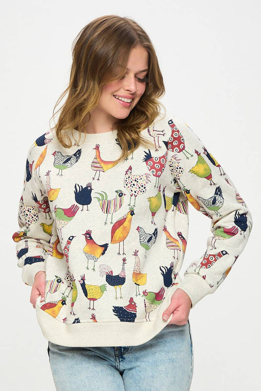 COLORFUL ROOSTER PRINT SWEATSHIRT