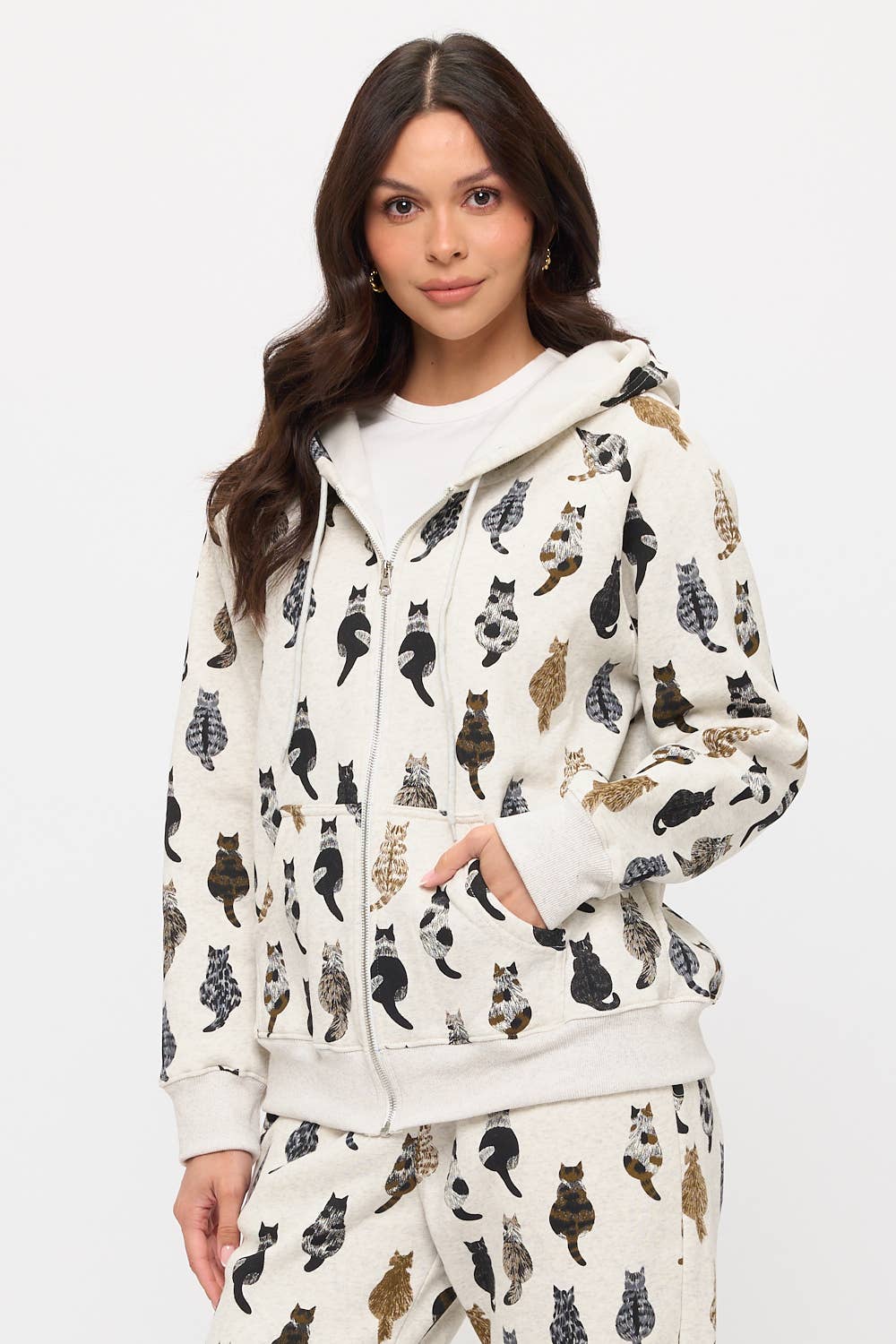 WHIMSICAL CAT TAILS PRINT ZIP UP HOODIE